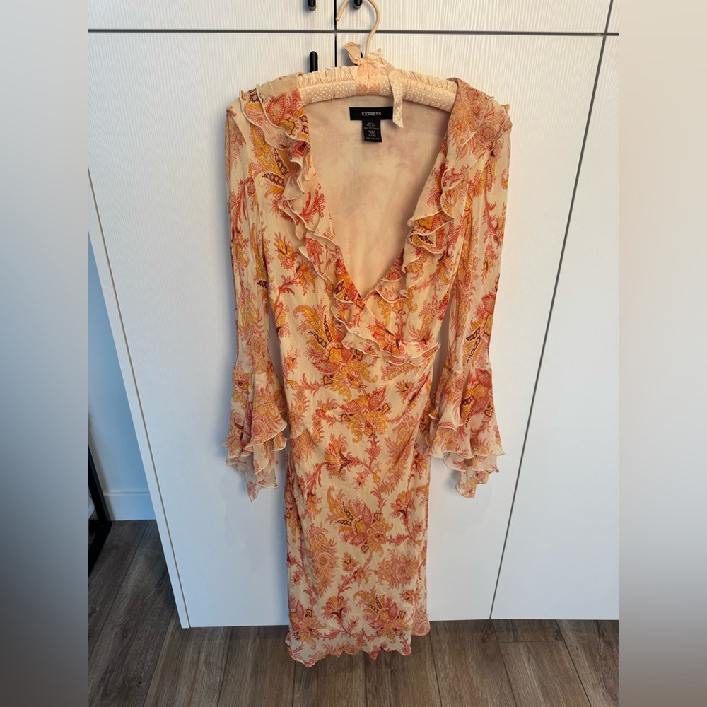 Express Orange Ruffled Wrap Dress with Bell Sleeves 90s